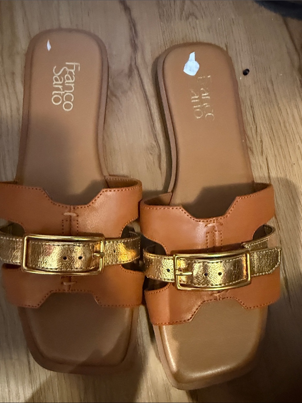 Franco Sarto Brown Slide Sandals with Gold Buckle Accent